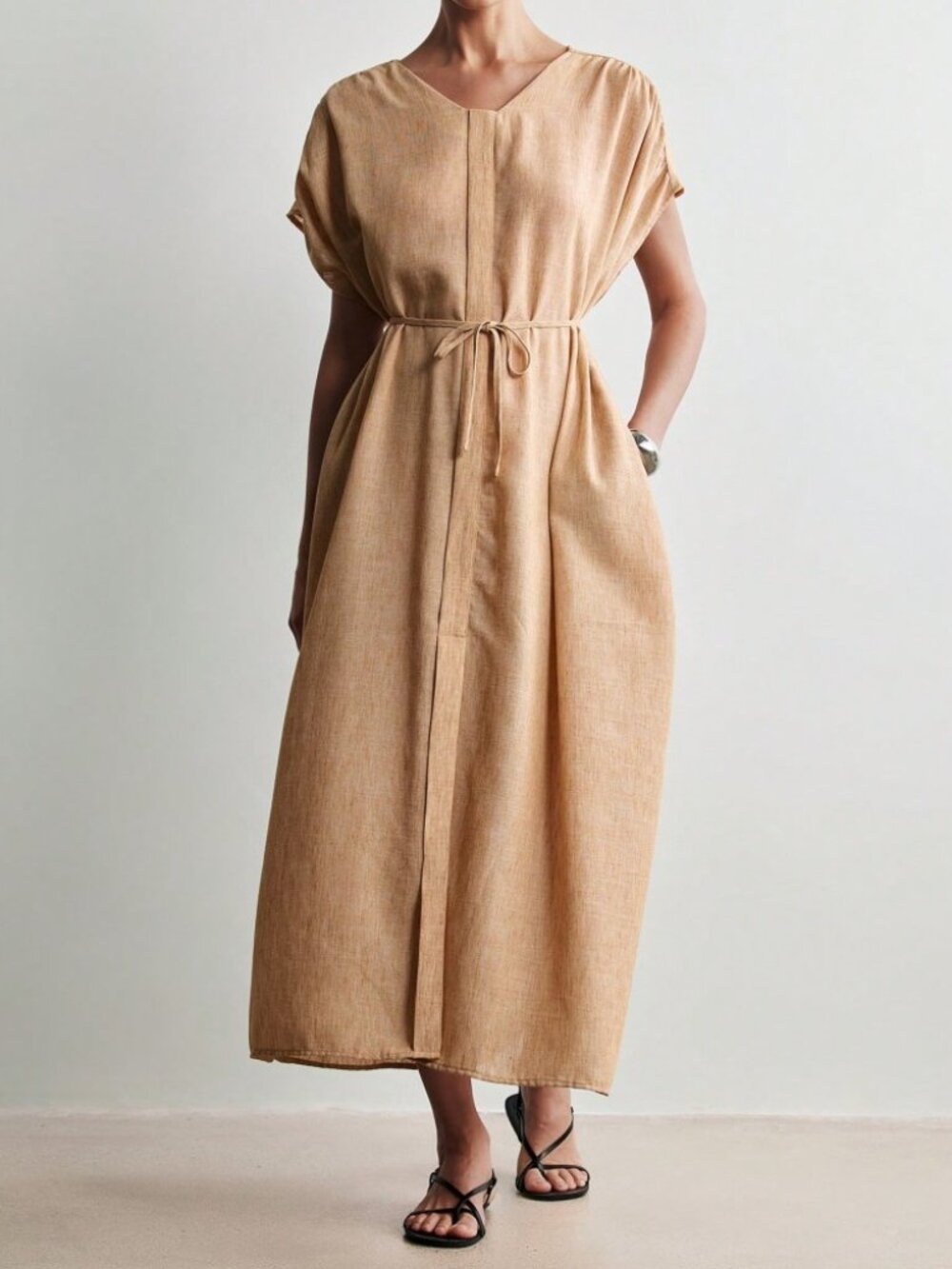 Tan V-Neck Tie-Waist Maxi Dress with Draped Sleeves